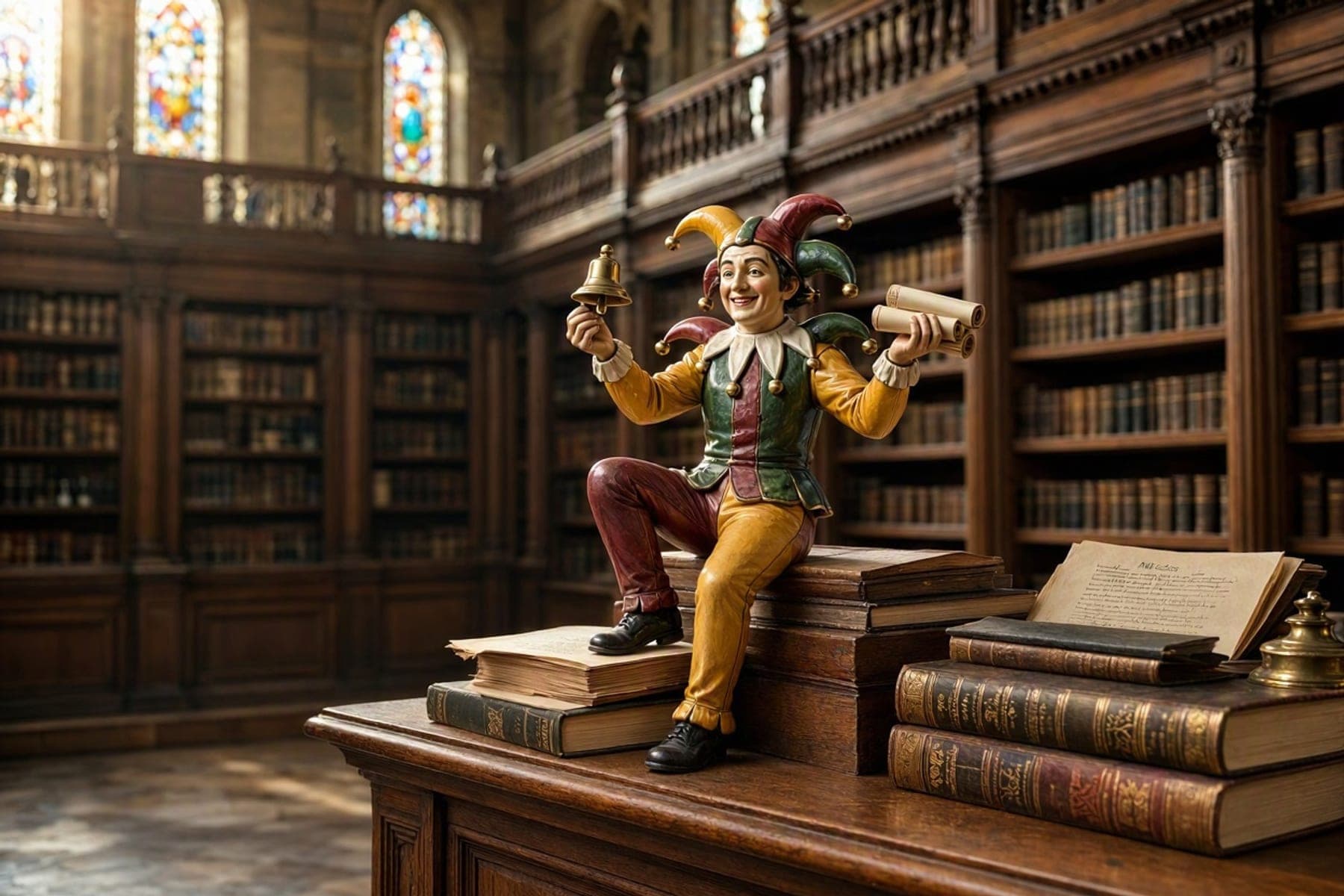 A cheerful jester in a library, sitting on a stack of old books with a bell and two scrolls