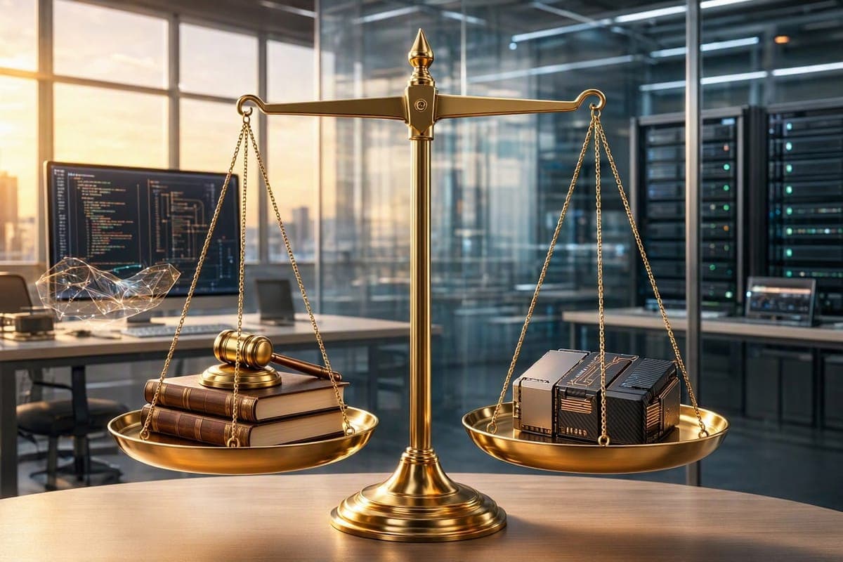 Golden scales weighing law books against a computer, in a modern server room